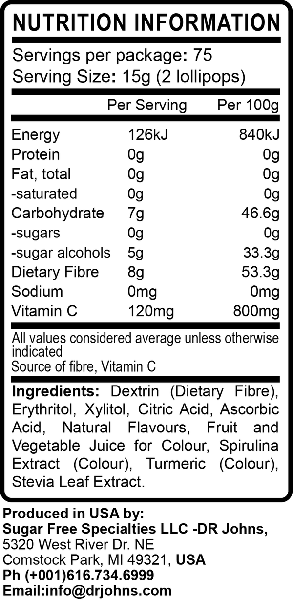 Daz and Andy's range of premium Dr. John's Healthy Sweets - sugar free Classic Fruit lollipops  - diabetic friendly, allergen free, tooth friendly, kosher, gluten free, keto lollies sweetened with natural plant based sweetener xylitol and stevia leaf extract, Five Star healthy rating, no sugar sweets