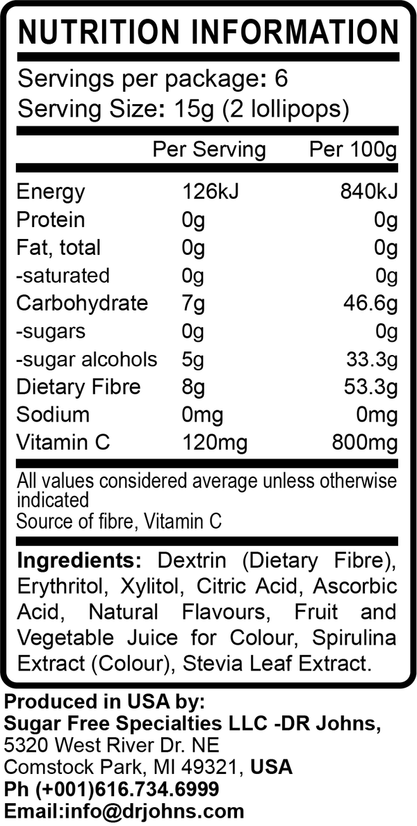 Sugar Free Assorted Fruit Lollipops + Vitamin C (12 p/bag)