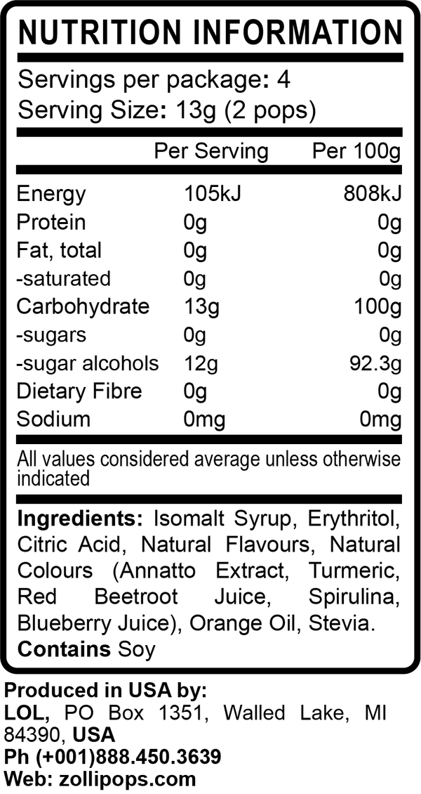 Zollipops Tropical Fruit Flavoured sugar free lollipops, non-GMO, gluten free, dairy-free, vegan, natural, diabetic friendly, keto, nut-free, and kosher. Healthier treats, no sugar lollipops.