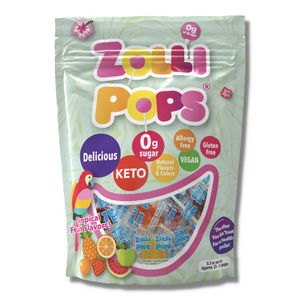 Zollipops Tropical Fruit Flavoured sugar free lollipops, non-GMO, gluten free, dairy-free, vegan, natural, diabetic friendly, keto, nut-free, and kosher. Healthier treats, no sugar lollipops.
