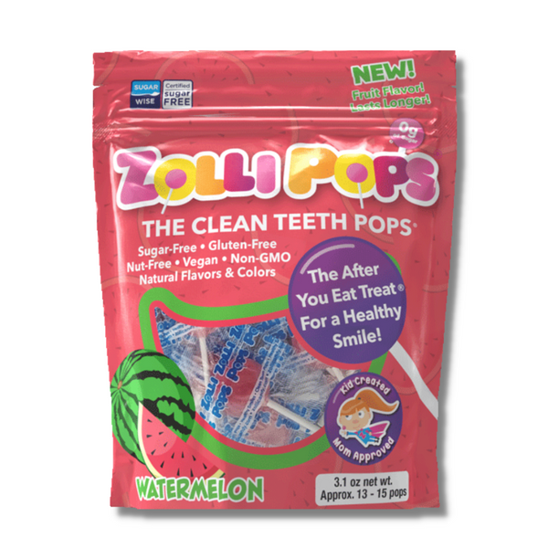 Zollipops Watermelon sugar free lollipops, non-GMO, gluten free, dairy-free, vegan, natural, diabetic friendly, keto, nut-free, and kosher. Healthier treats, no sugar lollipops.