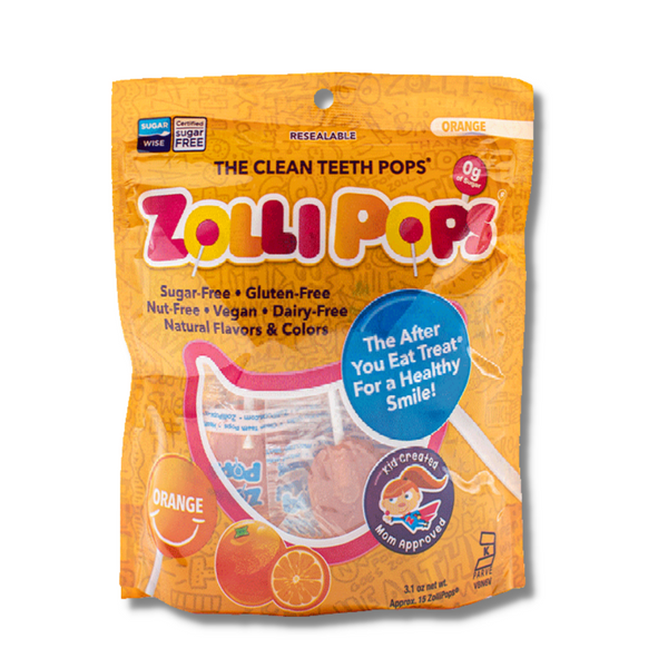 Zollipops Orange sugar free lollipops, non-GMO, gluten free, dairy-free, vegan, natural, diabetic friendly, keto, nut-free, and kosher. Healthier treats, no sugar lollipops.