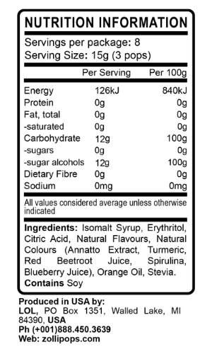 Zollipops Tropical Fruit Flavoured sugar free lollipops, non-GMO, gluten free, dairy-free, vegan, natural, diabetic friendly, keto, nut-free, and kosher. Healthier treats, no sugar lollipops.