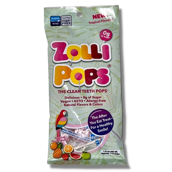 Zollipops Tropical Fruit Flavoured sugar free lollipops, non-GMO, gluten free, dairy-free, vegan, natural, diabetic friendly, keto, nut-free, and kosher. Healthier treats, no sugar lollipops.