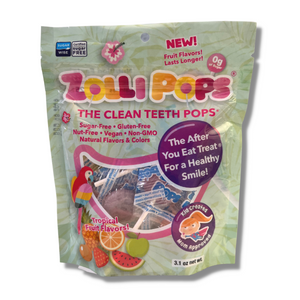 Zollipops Tropical Fruit Flavoured sugar free lollipops, non-GMO, gluten free, dairy-free, vegan, natural, diabetic friendly, keto, nut-free, and kosher. Healthier treats, no sugar lollipops.