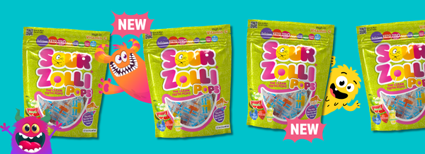 Four bags of Sour Zoll! Pops candy arranged on a bright cyan background, with two bags labeled NEW and cartoon monster graphics printed beside them.