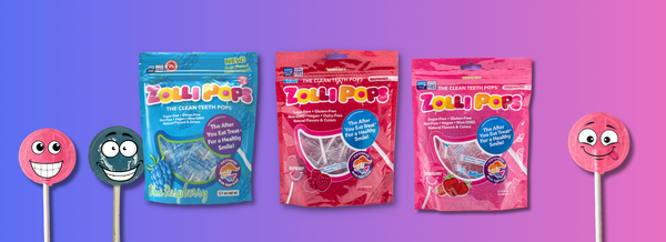 Sugar free ZolliPops lollipops packages and lollipops on a purple and pink gradient background