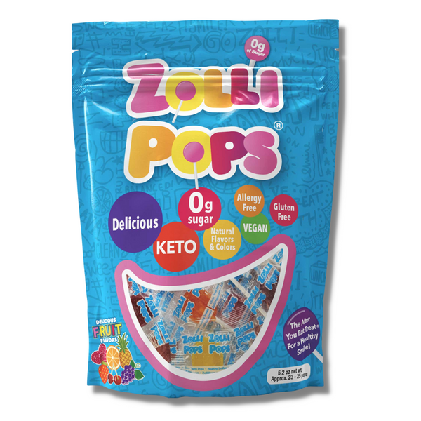 Zollipops Original Variety Fruit Flavoured sugar free lollipops, non-GMO, gluten free, dairy-free, vegan, natural, diabetic friendly, keto, nut-free, and kosher. Healthier treats, no sugar lollipops.