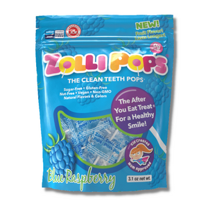 Zollipops Blue Raspberry sugar free lollipops, non-GMO, gluten free, dairy-free, vegan, natural, diabetic friendly, keto, nut-free, and kosher. Healthier treats, no sugar lollipops.