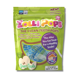 Zollipops Green Apple sugar free lollipops, non-GMO, gluten free, dairy-free, vegan, natural, diabetic friendly, keto, nut-free, and kosher. Healthier treats, no sugar lollipops.
