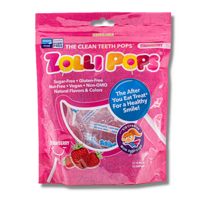 Zollipops Strawberry sugar free lollipops, non-GMO, gluten free, dairy-free, vegan, natural, diabetic friendly, keto, nut-free, and kosher. Healthier treats, no sugar lollipops.