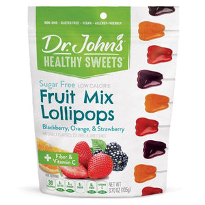 Sugar Free Fruit Mix Lollipops with Vitamin C (14 p/bag). Flavours: blackberry, strawberry & orange. Daz and Andy's range of premium Dr. John's Healthy Sweets - sugar free Fruit Mix lollipops with Vitamin C and fibre - diabetic friendly, allergen free, tooth friendly, kosher, gluten free, keto lollies sweetened with natural plant based sweetener xylitol and stevia leaf extract, Five Star healthy rating, no sugar sweets